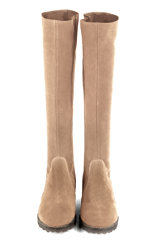 Tan beige women's riding knee-high boots. Round toe. Flat rubber soles. Made to measure. Top view - Florence KOOIJMAN